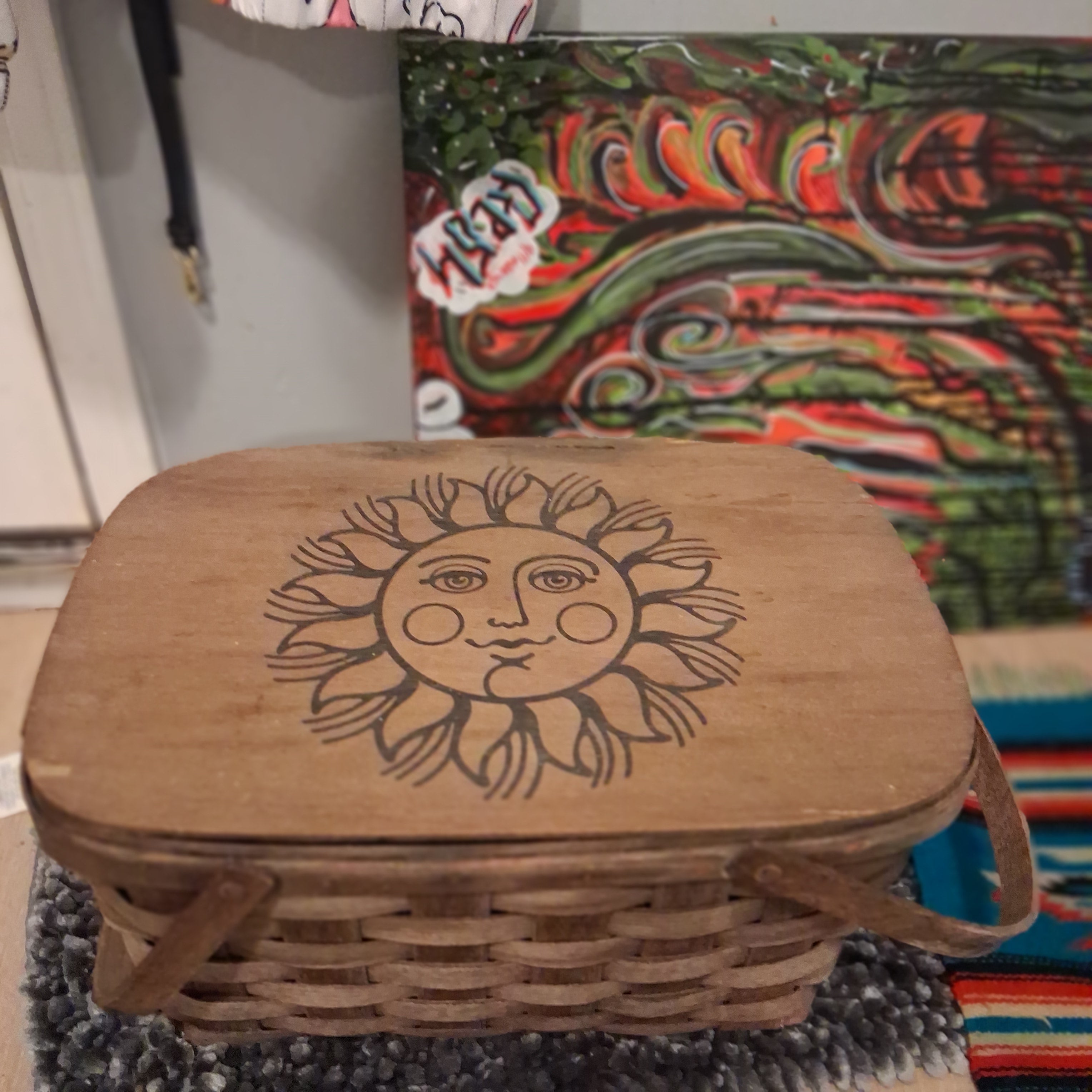 Vintage bohemian picnic basket.